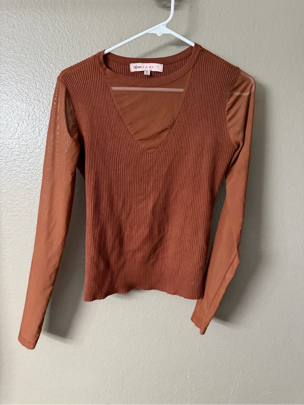 Crave Fame Ribbed V-Neck Long Sleeve Top in Rust Brown